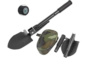 HOVICO Military Small Folding Camping Shovel, Mini Compact Pickaxe with Carrying Pouch for Gardening, Off Road, Hunting, Car Emergency, Remove Ice (Black)