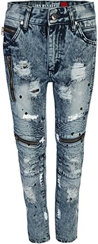 CDB Boys Slim Fit Moto Jeans With Rips and tears, Paint Light Blue, Size 14\''