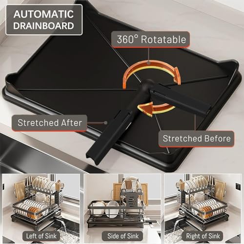 Azonee 2-Tier Dish Drying Rack for Kitchen Counter | Large Capacity Stainless Steel Dish Rack with Drainboard – Detachable Cutlery Holder, Rotatable Drainage | Black Kitchen Organizer for Plates,Bowls