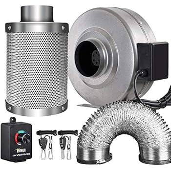 iPower GLFANXINL4FILT4MD8CTR 4 Inch 190 CFM Inline Fan Carbon Filter 8 Feet Ducting Combo with Variable Speed Controller and Rope Hanger for Grow Tent Ventilation, 4