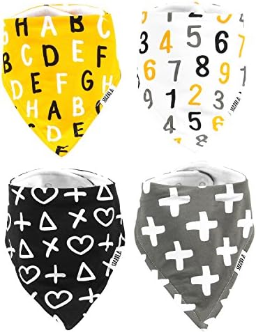 Stadela Baby Toddler Adjustable Bandana Drool Bibs with Snap Buttons for Drooling and Teething Burp Cloths 4 Pack Baby Shower Gift Set Unisex for Boys and Girls – First Alphabet