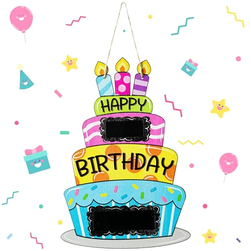 L1rabe Happy Birthday Wood Door Sign Decor Child Birthday Cake Hanging Sign for Door Wall Personalized Name Indoor Outdoor Backdrop Decor Party Supplies for Boys Girls Students Back to School Gifts