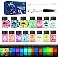 Glow in The Dark Pigment Powder 15 Jar -12 Color Glow Pigment and 3 Color Luminous Flake with UV Lamp - Epoxy Resin Luminous Powder for Slime Kit,Skin, Nail Safe Long Lasting Self Glowing Dye for DIY…