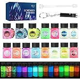 Glow in The Dark Pigment Powder 15 Jar -12 Color Glow Pigment and 3 Color Luminous Flake with UV Lamp - Epoxy Resin Luminous Powder for Slime Kit,Skin, Nail Safe Long Lasting Self Glowing Dye for DIY…