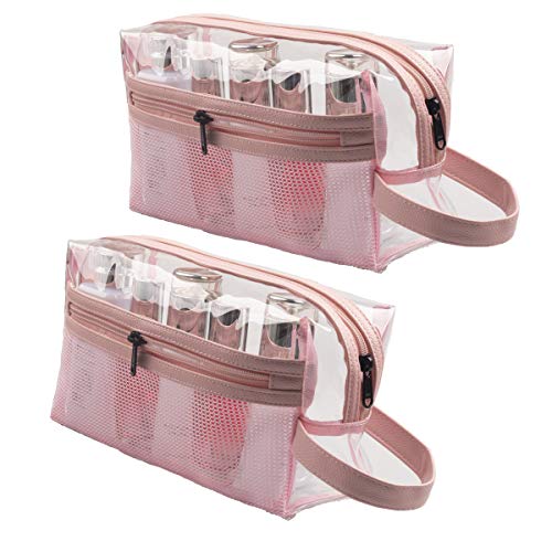 Heavy Duty Clear Toiletry Makeup Bags Transparent Shaving Bag Water Resistant Cosmetic Bag Organizer Pouch for Travel with Zipper and Handle (2 PCS PINK With Net Pocket)
