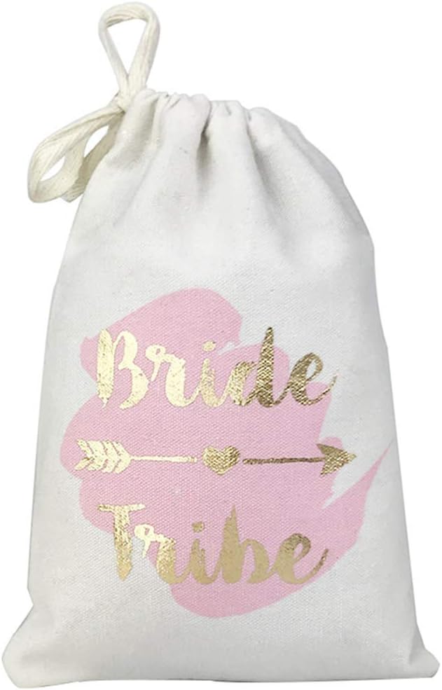 FOONEA 10pcs 5x7 Gold Foil Bride Tribe Bridesmaid Gift Bags with Pink Watercolor Cotton Muslin Drawstring Bags for Bridal Shower Bachelorette Party Hangover Kit Hangovers Bag