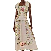 Women's Sleeveless Square Neck Backless Bow Suspender Dress, Floral Embroidery Dress, Long Skirt
