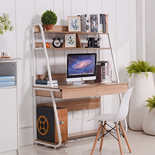 Emall Life Multi-Functional Computer Desk with Bookshelf and Drawers Home Office PC Laptop Study Table (White Shelf and Light Walnut)