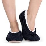 Pembrook Ladies Cable Knit Slippers – Navy - Medium (7-8) – Ballet Style With Non-Skid Sole - Faux Shearling Lining and Suede Sole - Great Plush Slip On House Slippers For Adults, Women, Girls