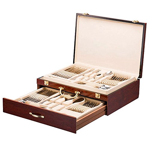 Italian Collection 'Damascus' 75-Pc Premium Silverware Flatware Serving Set, Dining Cutlery Service for 12, 24K Gold Plated 18/10 Stainless Steel Hostess Serving Set in a Chest