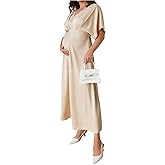 MakeMeChic Women's V Neck Maternity Dress Short Flared Sleeve Elastic Waist Ruched Pregnancy Maxi Dresses