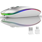 Uiosmuph LED Wireless Mouse, G12 Slim Rechargeable Silent Mouse, 2.4G Portable USB Optical Wireless Computer Mice with USB Receiver and Type C Adapter (Silver)