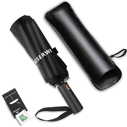 Miserwe Umbrella 12 Ribs with Teflon Coating Umbrella Windproof Lengthened Handle Travel Umbrella with Auto Open Close Button and Free Upscale Leather Cover (Black)