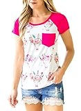 HOTAPEI Women Casual Floral Print Short Sleeve Pocket Tee Shirts Blouse Tops Pink XL