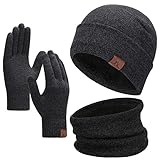 Winter Men Beanie Hat + Scarf + Touch Screen Gloves, 3 Pieces Winter Warm Clothing Set for Men