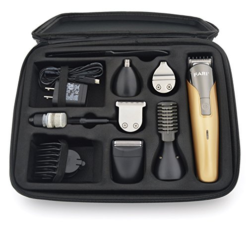 FARI All In One Multifunctional Rechargeable Electric Hair Trimmer Grooming Kit Nose Ear Beard Clipper and Mustache Trimmers Shaver Suit Hair Cutter for Barbers Salon with EVA Case (Gold)