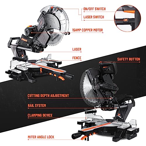 DOVAMAN DMS03A Miter Saw, 12 inch Dual Bevel Compound Miter Saw, 15A