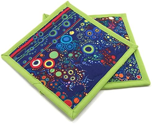Colorful Cotton Potholders - Set of Two 8 Inch Hot Pads - Blue and Green Pot Holders