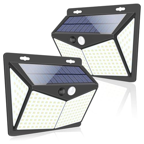 LONEASY Luces Solares, 2 Paquetes Luz Solar Exterior 208 LED / 3 Modos 270 ° Lámpara Solar Exterior IP65 Impermeable Iluminación Exterior con Sensor de Movimiento para Jardín, Patio, Terraza, Inicio