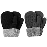 Winter Mitten Gloves For Baby Kids Toddler Infant Newborn, Cute Warm Fleece Lined Knit Thick Thermal Gloves For Boys Girls (Black&Gray)
