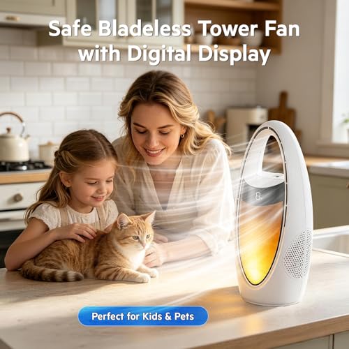 Acemall Ventilador sin Aspas 35cm Portátil Inalámbrico de 4000 mAh Ventilador de Torre con humidificador y 9 Velocidades & luz nocturna y temporizador y 70° Oscilante para dormitorio, oficina, hogar