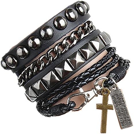 VirgoL Unisex Leather Rope Bracelet Punk Style Multilayer Bangle Cool Letter and Cross Cuff Black