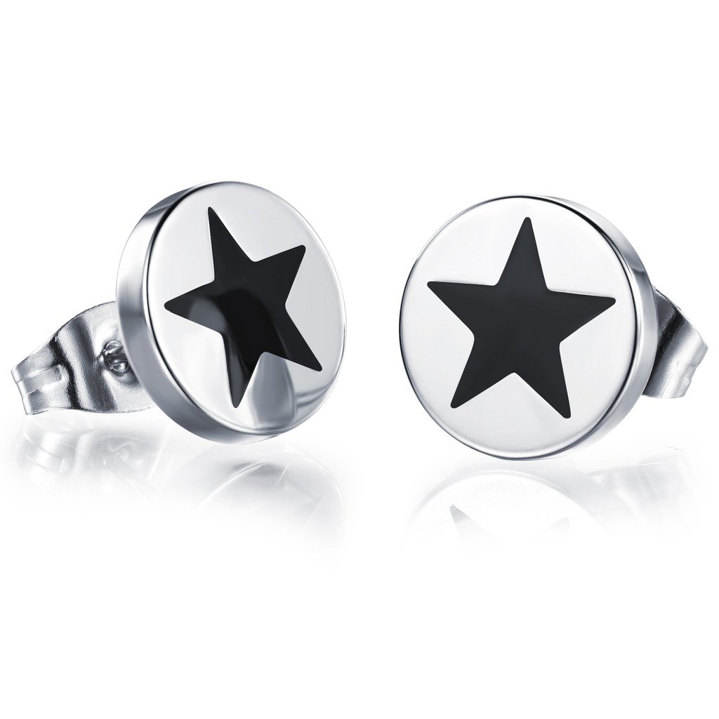 Feilok 2pcs Stainless Steel Black & Silver Star Studs Hoop Mens Earrings, One Pair