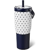 BrüMate Resa 35oz 100% Leakproof Tumbler w/Handle & Straw | Flexible SoftSip Straw | Silicone Sleeve for Durability | Stainless Steel | Cup Holder & Travel Friendly Water Bottle (White Polka Dots)