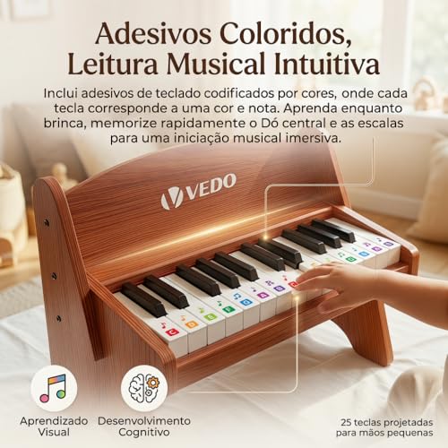 VEDO Teclado de Piano Toddler e Infantil, Piano Digital de 25 Teclas Para CriançAs, Volume AjustáVel, Mini Instrumento Musical Educativo, Material Segurança Nogueira, Para Crianças, Meninas e Meninos