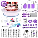 137 PCS Russian Cake Decorating Supplies Kit, Baking Pastry Tools, Piping tips and Bags, Non-stick Cake Turntable, Cake Leveler, Icing Spatulas and Scrapers, Fondant Press, Measuring Spoon, Cake Pen