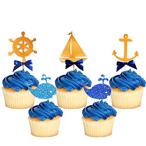 24 Pcs JeVenis Nautical Cupcake Toppers Ocean Cupcake Toppers Nautical Cake Decoration Sailing Yacht Boat Pirate Ship Whale Cake Decorations for Baby Shower Birthday Party