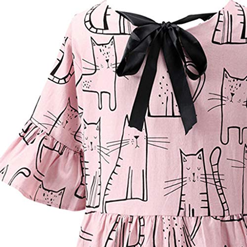Kawaiine Women O-Neck Boho Print Bow Cotton and Linen Short Dress Pink