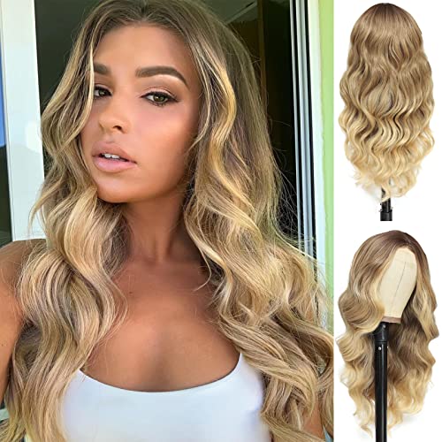 Kiqibeauty Long Ombre Blonde Wavy Wig for Women 26 Inch Middle