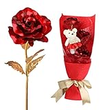 MOJA® 3 Gold Foil Rose Bouquet with Lovely Bear In A Gift Box. Best Gift for Birthday, Valentine's Day, Mother's Day, Anniversary