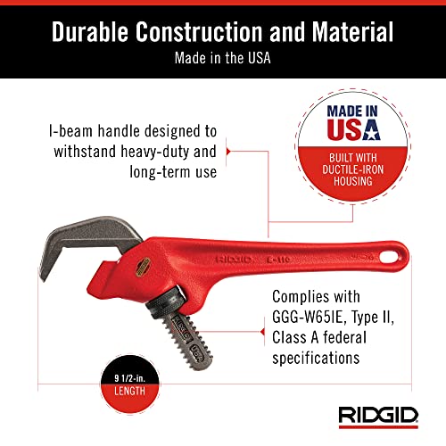RIDGID 31305 Model E110 9.5" Offset Hex Jaw Pipe Wrench, Red, Made in