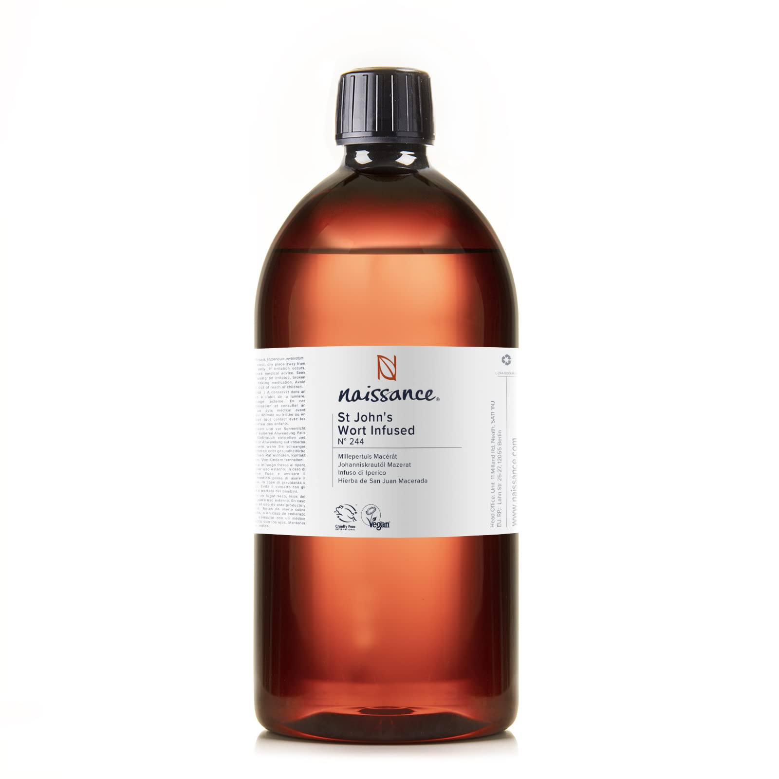 Naissance St John's Wort Oil (No. 244) - 900ml - Pure, Natural - Infused in Sunflower Oil - for Homemade Beauty Formulations, Massage, Skincare
