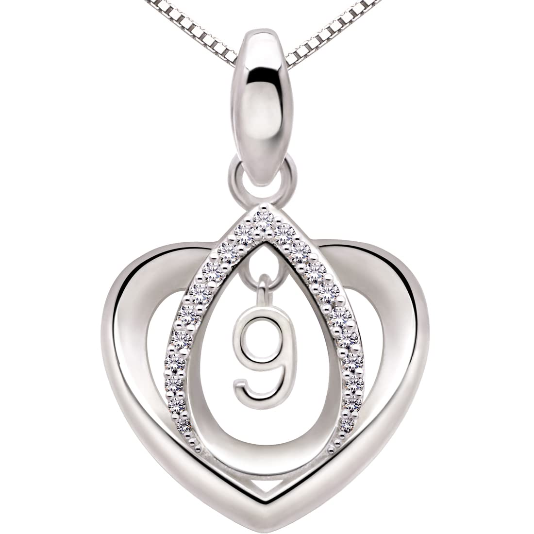 ALOV Jewelry Sterling Silver Lucky Number 9 Ninth Anniversary Numeral Nine Love Heart Cubic Zirconia Pendant Necklace