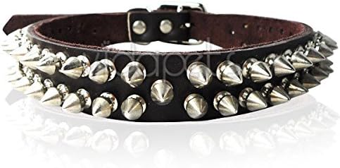 Vidagoods Spiked Spikes Genuine real Leather Dog Collar Large (X-Large (21-25"), Brown)
