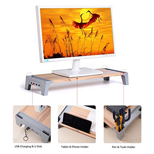 Monitorständer für Computerbildschirme-Computer Stand Riser mit USB-Anschlüssen-Monitor Riser mit iPad-Halter und Kabelmanagement