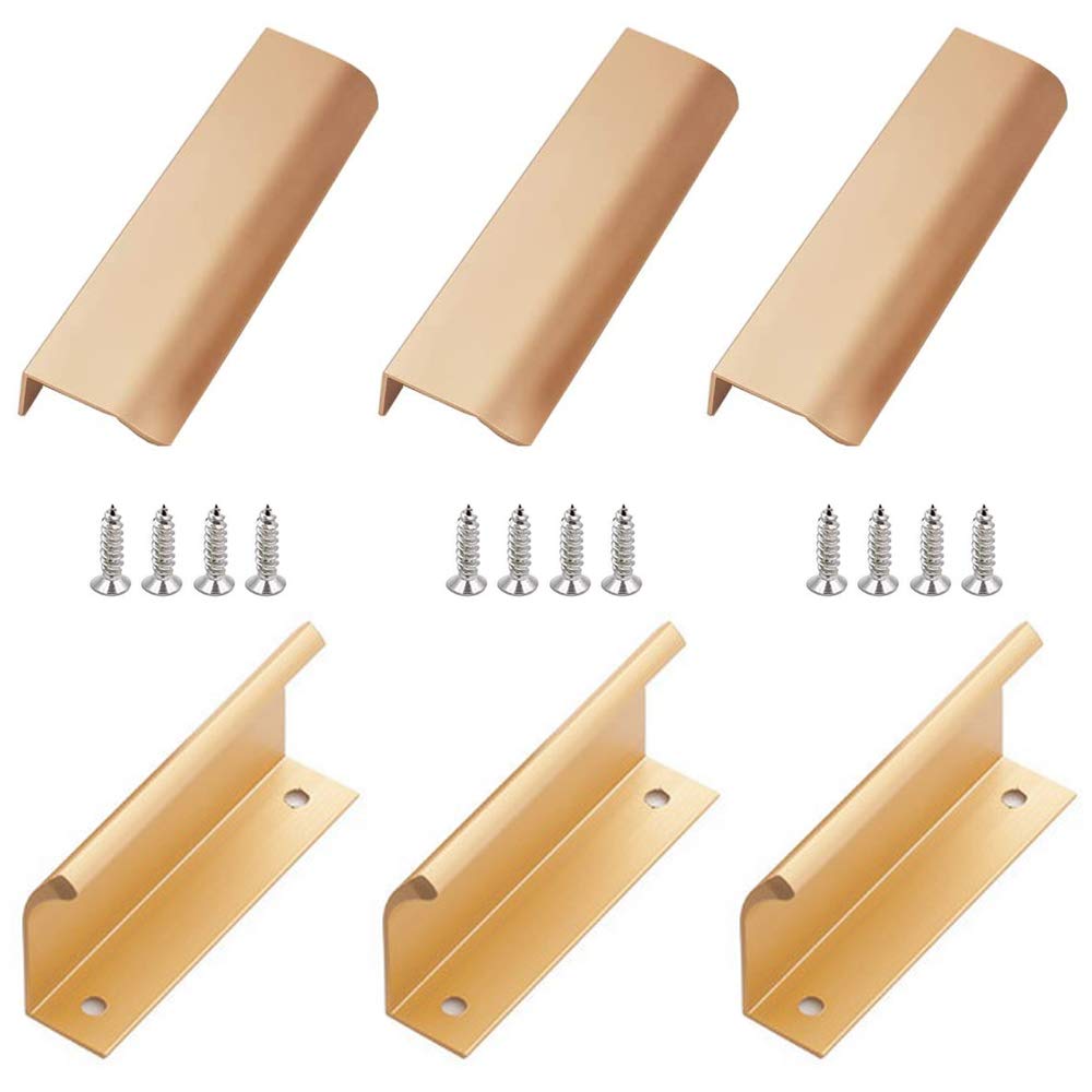 NO 6 x Drawer Handles, Aluminium Alloy Cabinet Door Handles, Furniture Handle with Screws, Home Decoration for Cabinet Door, Modern Style Finger Edge Handle, Gold
