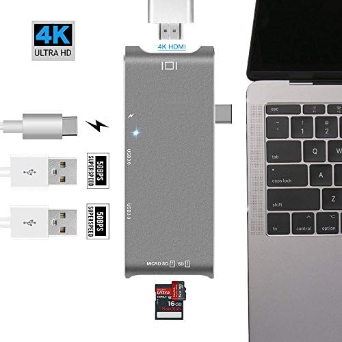 Hiija 6 in 1 USB Type C Hub Adapter USB C Hub HDMI Sd Card,MicroSD,3 USB 3.0 Ports,Power Delivery for ChromeBook, XPS, Samsung S9, and More