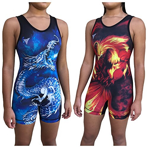 TRI-TITANS Ryū- Dragon vs Phoenix Reversible Red and Blue Sublimated Women's Wrestling Singlet - Freestyle Greco Roman Folkstyle - Red and Blue (Youth XL: 85lbs-100lbs) (Best Single Ply Squat Suit)