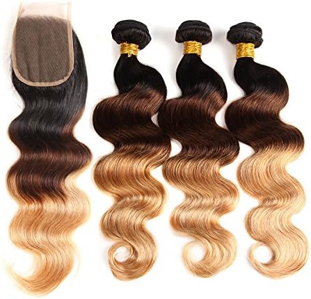 Ombre Brazilian Hair Body Wave 3 Tone Ombre Bundles Human Hair, 3 Ombre Hair Bundles With Closure Ombre Body Wave Ombre Bundles (T1B/4/27,16 18 20+14)