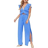 FANCYINN Womens 2 Pieces Outfits Deep V Neck Crop Top Side Slit Drawstring Wide Leg Pants Set Jumpsuits