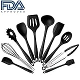 10Pcs/set Silicone Heat Resistant Kitchen Cooking Utensils spatula Non-Stick Baking Tool tongs ladle gadget by BonBon (black)