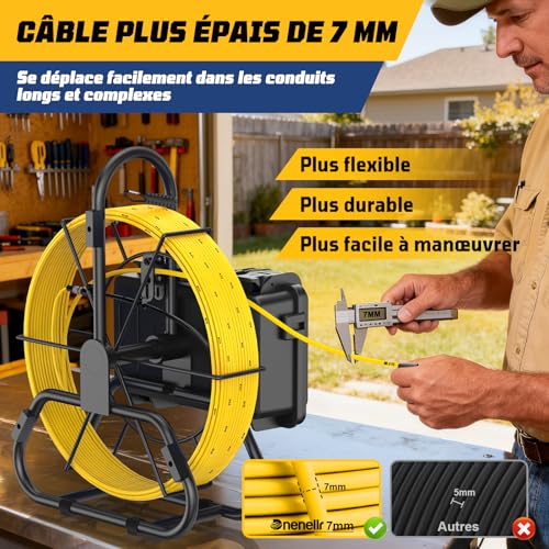 Dnenellr Pipeline Inspection Camera, Self-Leveling 1080P Camera and 512Hz Transmitter, 7MM Reinforced Cable with Metric Markers, 9 Inch HD IPS Screen, 32GB DVR, 5100mAh Battery, IP68 (50M)
