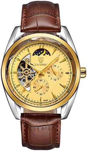 GOHUOS Mens Business Tourbillon Leather Luminous Self Wind Automatic Mechanicl Wrist Watch Bronw