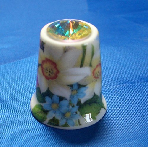 Porcelain China Collectable Thimble - Narcissus Swarovski Crystal - Free Gift Box