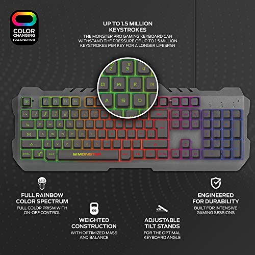 Monster USB Wired Gaming Keyboard with MultiColor LED Backlit Keys and Numeric Keypad, Mac and