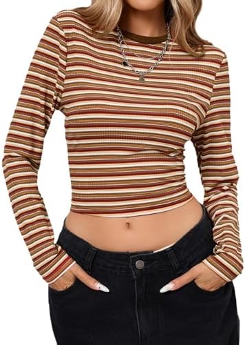 Y2K Striped Long Sleeve Slim Tops Color Block Square Collar